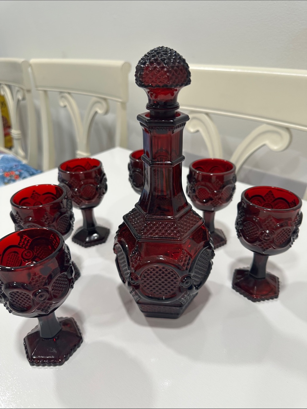 Avon Ruby Red Pressed Glass Decanter and Goblet Set - Picture 3 of 16